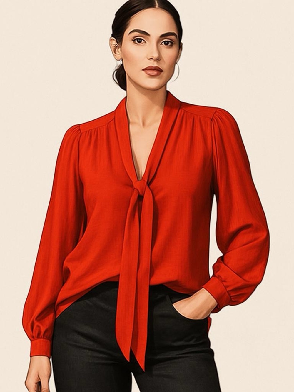 Rachel Zoe Orange Red Tie Neck Blouse Long Sleeve Satin Top Womens Medium